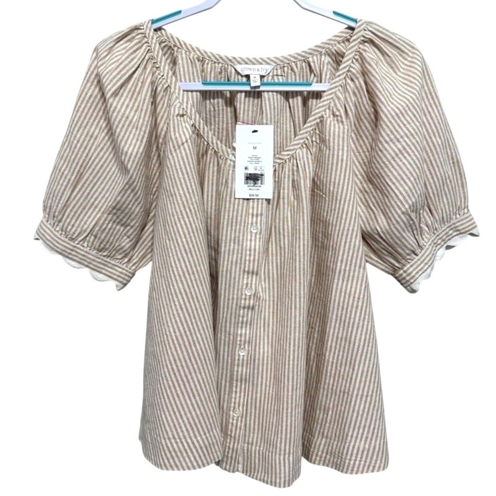 Crown & Ivy Button Down Blouse Womens M Tan Metallic Office Boho‎ Coquette